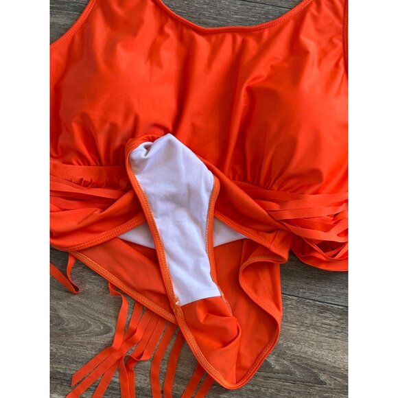 NWOT WOMENS PLUS SIZE BATHING SWIMSUIT ORANGE TIERED FRINGE PADDED 3XL - Picture 4 of 7